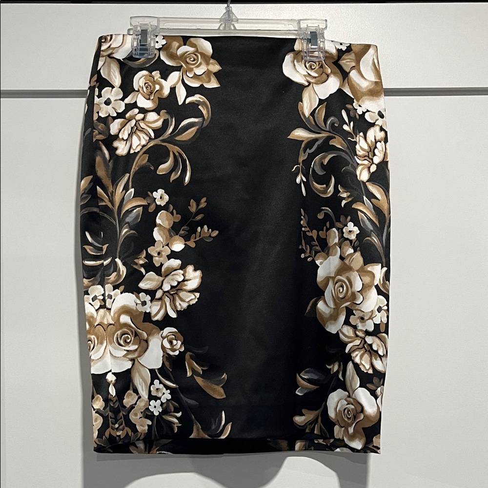 White House Black Market Black and Tan Floral Pencil Skirt